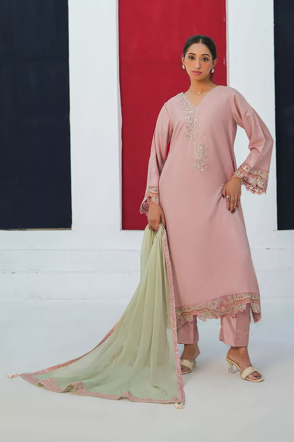 Embroidered 3-piece Pakistani suit with straight-cut Russian silk kurta, Malai lining, matching straight trousers and chiffon dupatta in Pink, Shocking Pink or Malaysian Blue