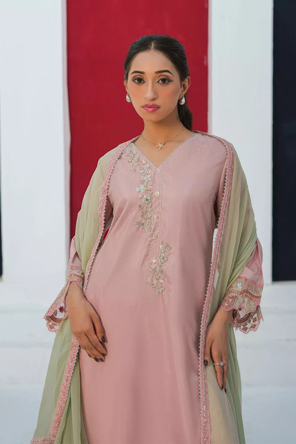Embroidered 3-piece Pakistani suit with straight-cut Russian silk kurta, Malai lining, matching straight trousers and chiffon dupatta in Pink, Shocking Pink or Malaysian Blue