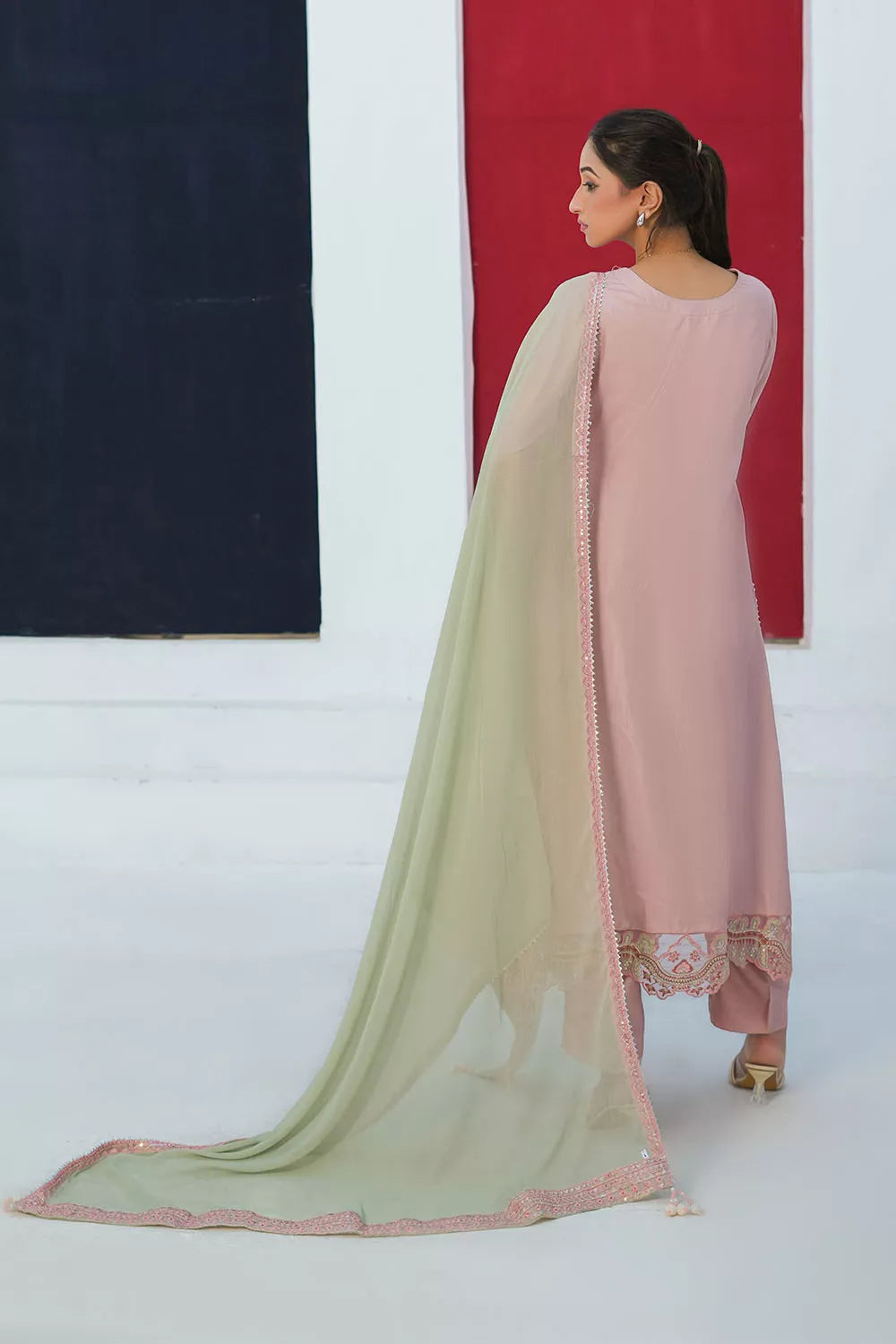 Embroidered 3-piece Pakistani suit with straight-cut Russian silk kurta, Malai lining, matching straight trousers and chiffon dupatta in Pink, Shocking Pink or Malaysian Blue