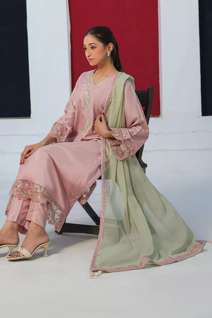 Embroidered 3-piece Pakistani suit with straight-cut Russian silk kurta, Malai lining, matching straight trousers and chiffon dupatta in Pink, Shocking Pink or Malaysian Blue