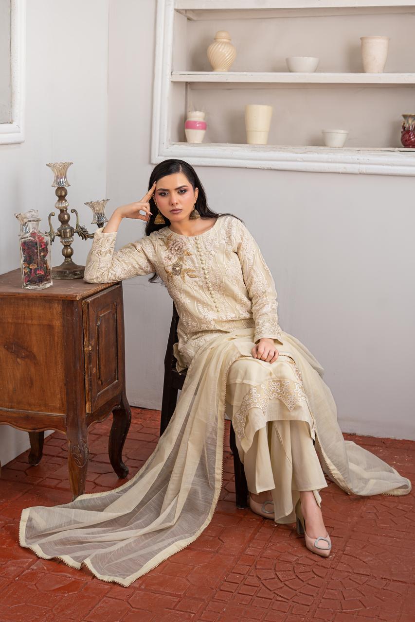 Vanilla | Organza | Embroidered | 3-Piece Suit