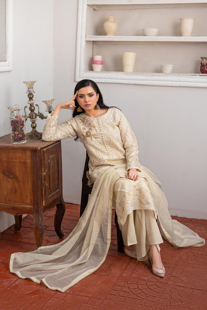 Vanilla | Organza | Embroidered | 3-Piece Suit