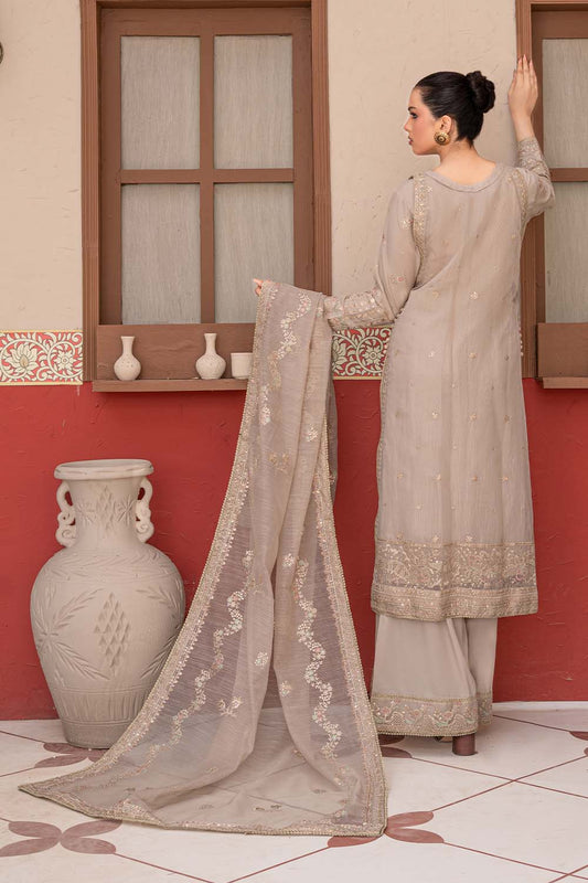 Fawn beige embroidered 4-piece Pakistani suit featuring a Khadi Net coat, Grip inner, matching Grip trousers, and embroidered Khadi Net dupatta