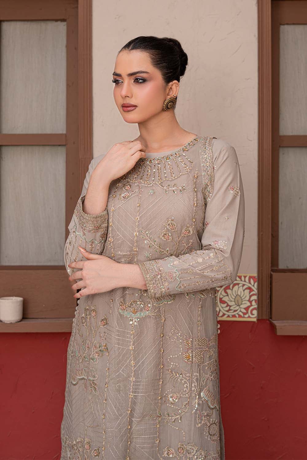 Fawn beige embroidered 4-piece Pakistani suit featuring a Khadi Net coat, Grip inner, matching Grip trousers, and embroidered Khadi Net dupatta