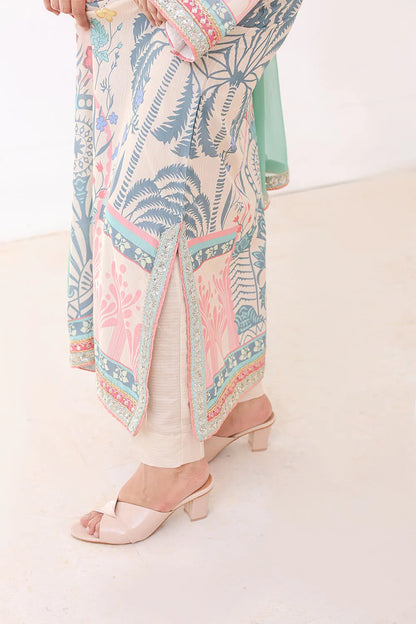 Fawn 3-piece Pakistani suit featuring a long Bana Dora kaftan, straight Bana Dora trousers and a printed chiffon dupatta