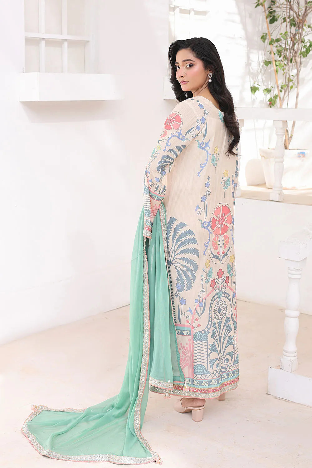 Fawn 3-piece Pakistani suit featuring a long Bana Dora kaftan, straight Bana Dora trousers and a printed chiffon dupatta