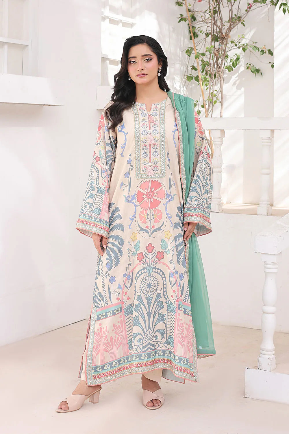 Fawn 3-piece Pakistani suit featuring a long Bana Dora kaftan, straight Bana Dora trousers and a printed chiffon dupatta