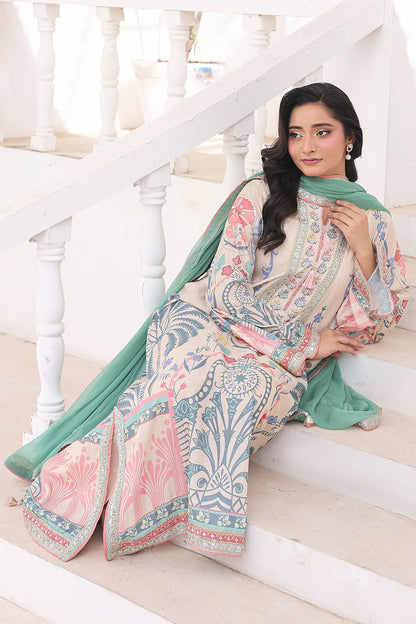 Fawn 3-piece Pakistani suit featuring a long Bana Dora kaftan, straight Bana Dora trousers and a printed chiffon dupatta