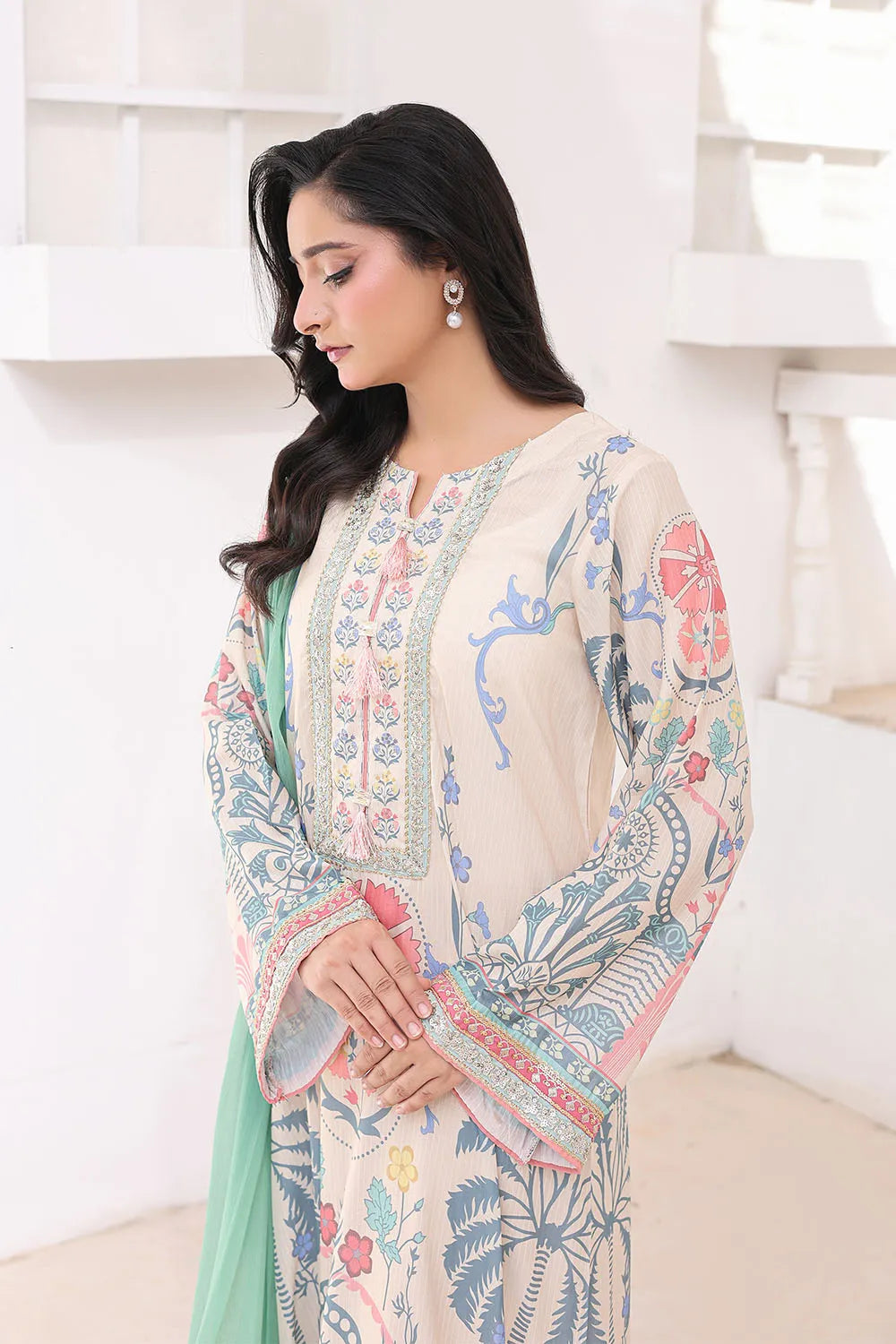 Fawn 3-piece Pakistani suit featuring a long Bana Dora kaftan, straight Bana Dora trousers and a printed chiffon dupatta