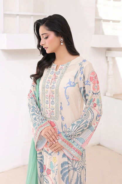 Fawn 3-piece Pakistani suit featuring a long Bana Dora kaftan, straight Bana Dora trousers and a printed chiffon dupatta