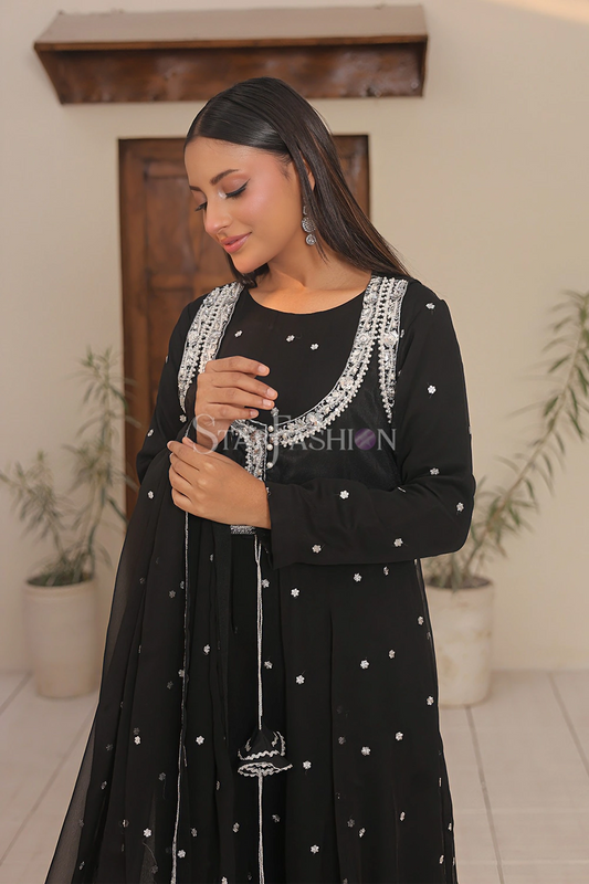Black Sequinned Pishwas, Embroidered Layered Outfit, Raw Silk Trousers, Chiffon Dupatta Ensemble, 3‑Piece Stitched Suit, Luxury Pret Wear, Pakistani Wedding Dresses, Star Fashion