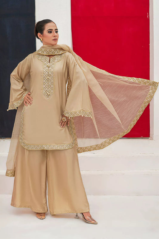 Golden and pink embroidered 3-piece Pakistani suit with short Russian silk kurta, Malai lining, Russian silk palazzo and Khaddi Net dupatta