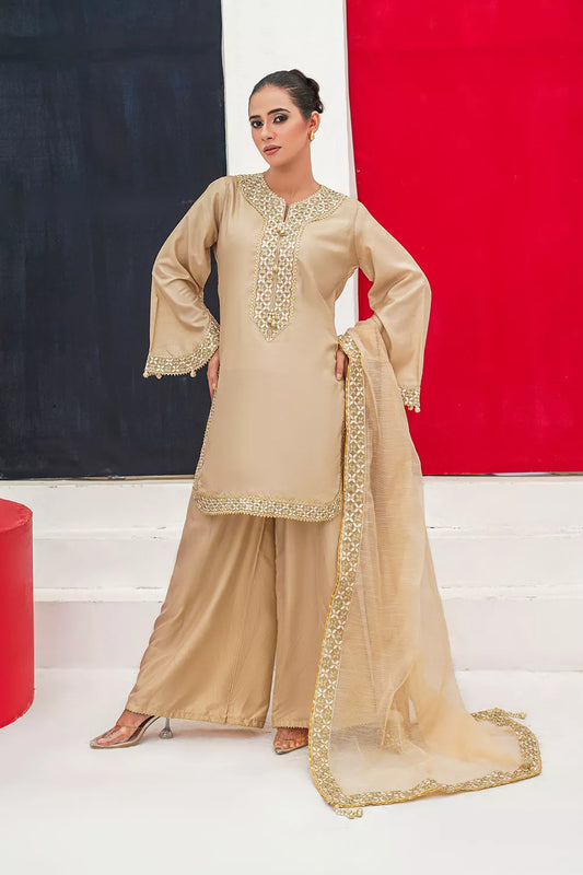 Golden and pink embroidered 3-piece Pakistani suit with short Russian silk kurta, Malai lining, Russian silk palazzo and Khaddi Net dupatta