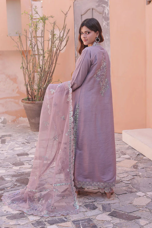 Lilac embroidered 4-piece Pakistani suit featuring an open-style raw silk long shrug, straight-cut raw silk kurta with an embroidered neckline, raw silk palazzo with embroidered bottoms, and an embroidered organza dupatta.
