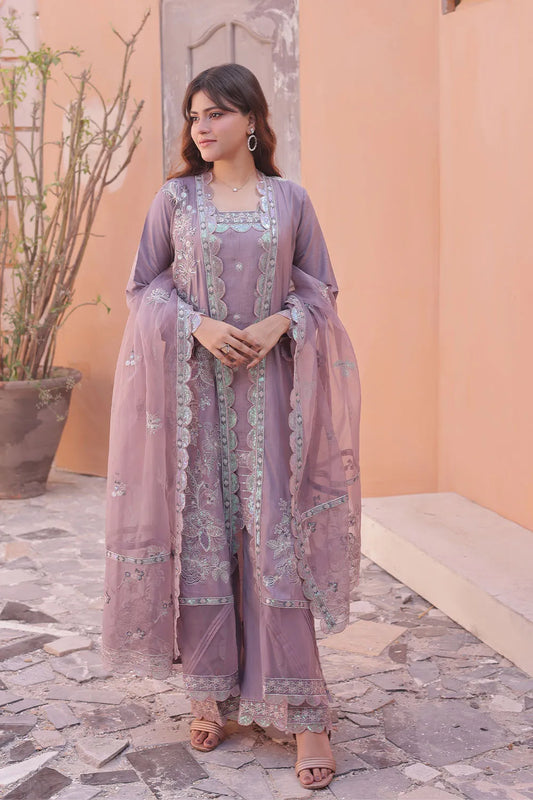 Lilac embroidered 4-piece Pakistani suit featuring an open-style raw silk long shrug, straight-cut raw silk kurta with an embroidered neckline, raw silk palazzo with embroidered bottoms, and an embroidered organza dupatta.