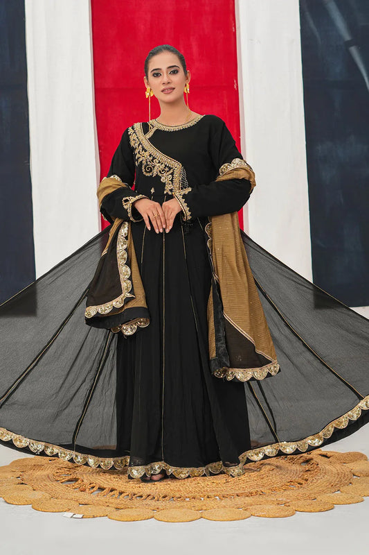 Black Embroidered Chiffon Angrakha Frock Suit