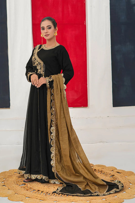 Black Embroidered Chiffon Angrakha Frock Suit