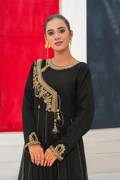 Black Embroidered Chiffon Angrakha Frock Suit