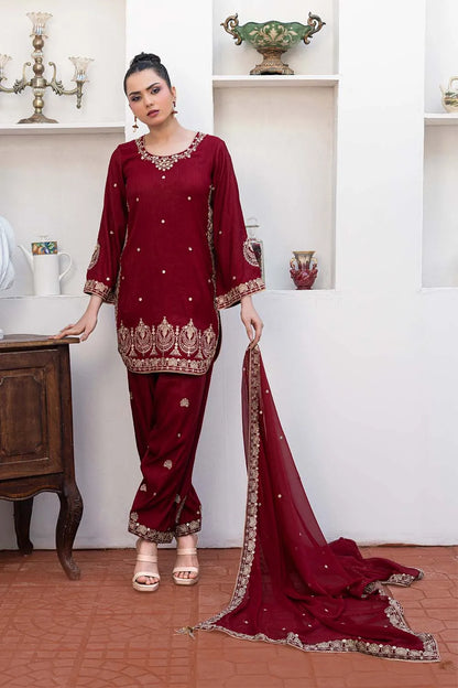 Embroidered 3-piece Pakistani suit with a short raw silk kurta, full Malai lining, matching raw silk shalwar, and chiffon dupatta, available in Blood Red, Lilac, Bottle Green, and Rust