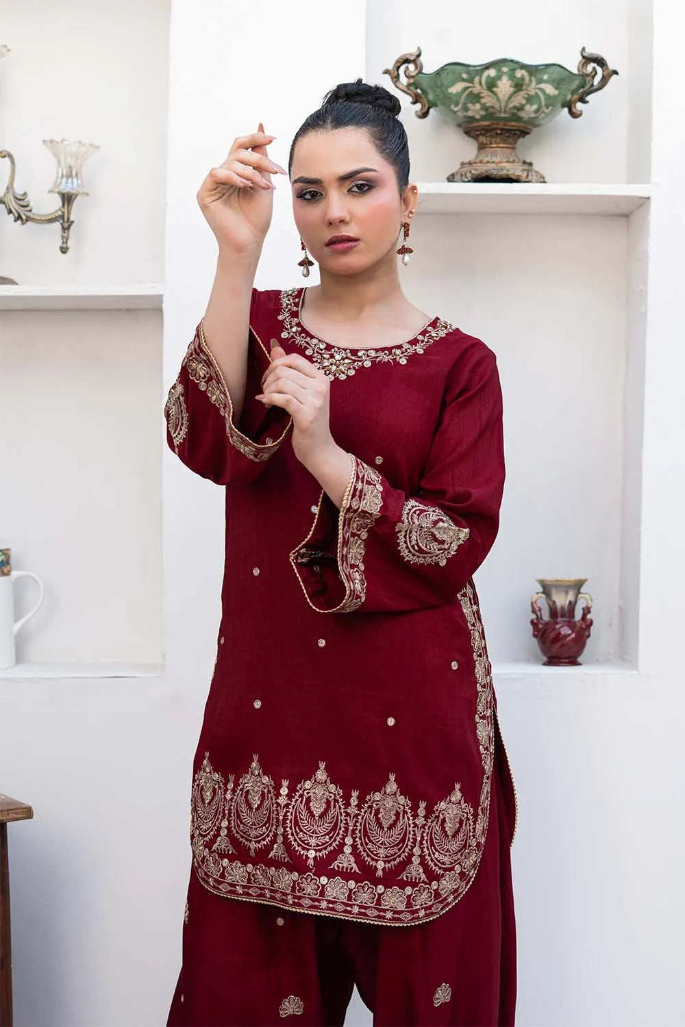 Embroidered 3-piece Pakistani suit with a short raw silk kurta, full Malai lining, matching raw silk shalwar, and chiffon dupatta, available in Blood Red, Lilac, Bottle Green, and Rust