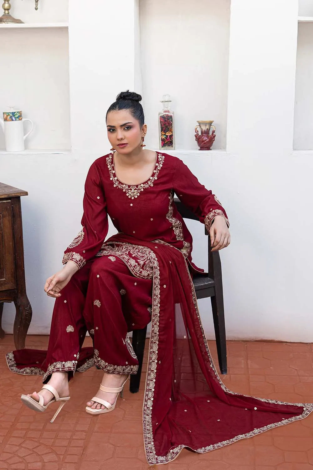 Embroidered 3-piece Pakistani suit with a short raw silk kurta, full Malai lining, matching raw silk shalwar, and chiffon dupatta, available in Blood Red, Lilac, Bottle Green, and Rust