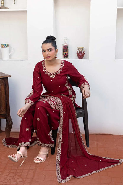 Embroidered 3-piece Pakistani suit with a short raw silk kurta, full Malai lining, matching raw silk shalwar, and chiffon dupatta, available in Blood Red, Lilac, Bottle Green, and Rust
