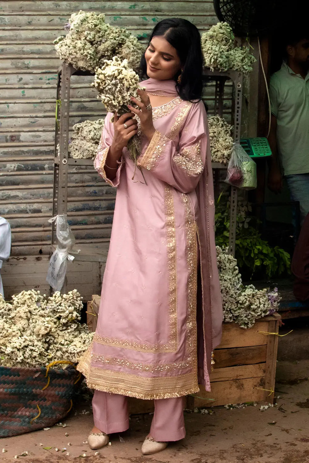 Pink embroidered 3-piece Pakistani suit with straight-cut silk kurta, Malai lining, silk palazzo trousers and chiffon dupatta