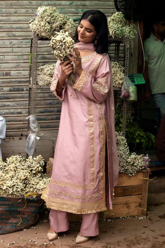 Pink embroidered 3-piece Pakistani suit with straight-cut silk kurta, Malai lining, silk palazzo trousers and chiffon dupatta