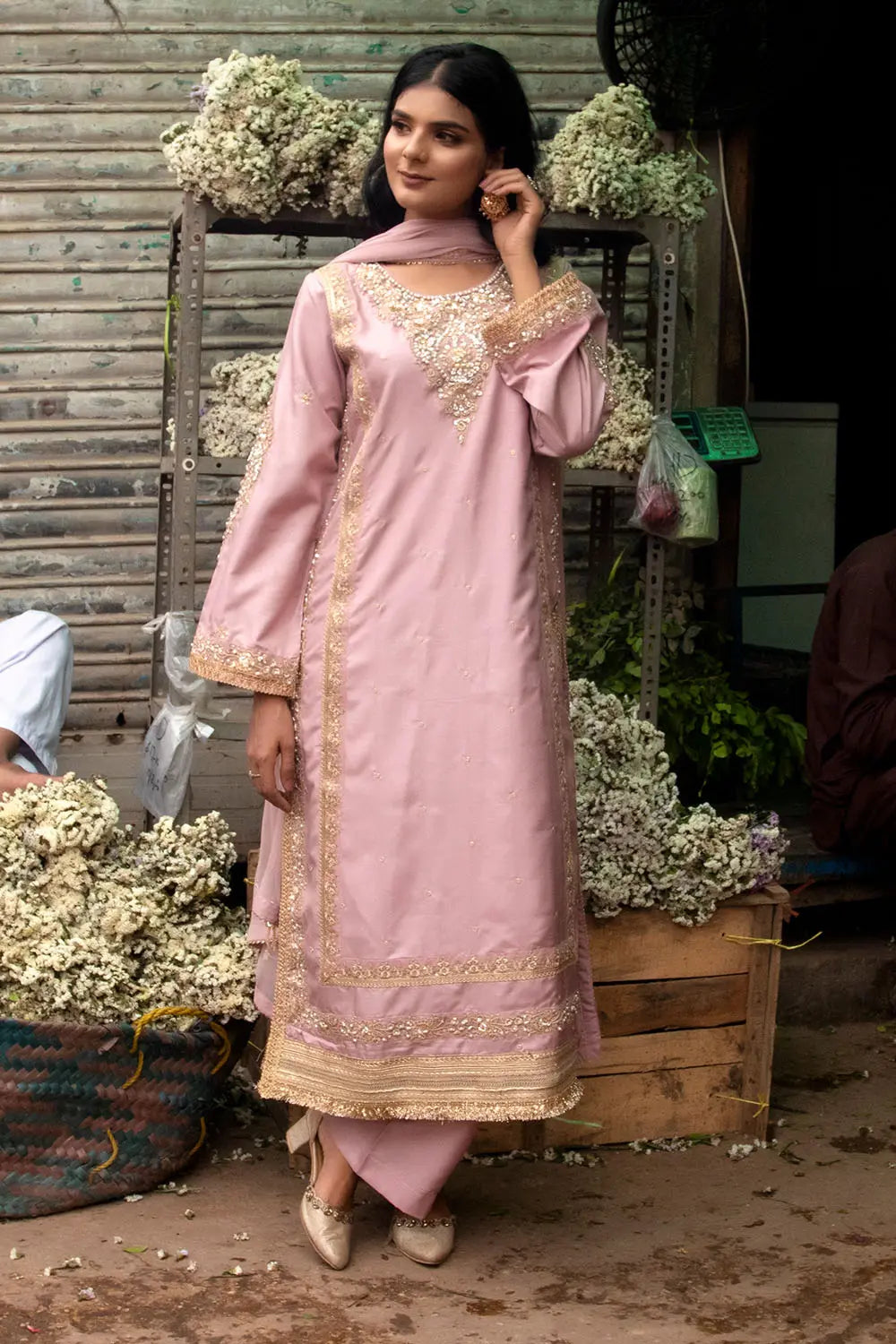 Pink embroidered 3-piece Pakistani suit with straight-cut silk kurta, Malai lining, silk palazzo trousers and chiffon dupatta