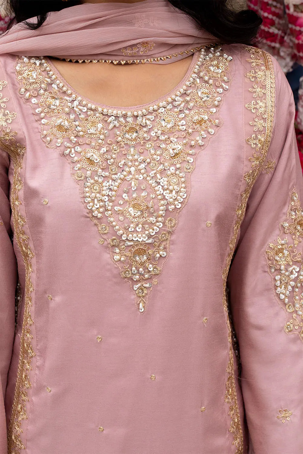 Pink embroidered 3-piece Pakistani suit with straight-cut silk kurta, Malai lining, silk palazzo trousers and chiffon dupatta