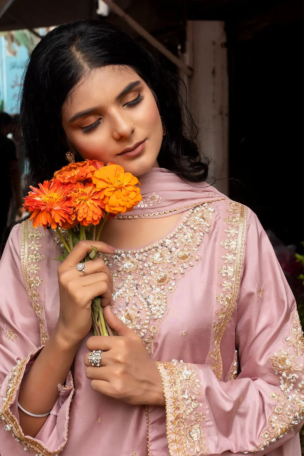 Pink embroidered 3-piece Pakistani suit with straight-cut silk kurta, Malai lining, silk palazzo trousers and chiffon dupatta