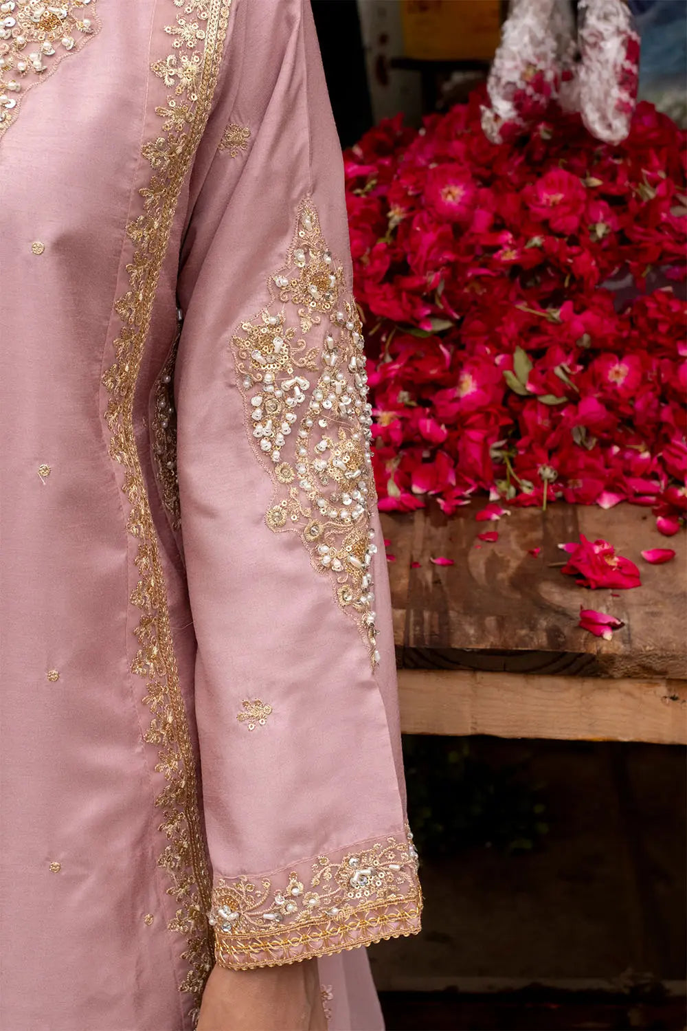 Pink embroidered 3-piece Pakistani suit with straight-cut silk kurta, Malai lining, silk palazzo trousers and chiffon dupatta