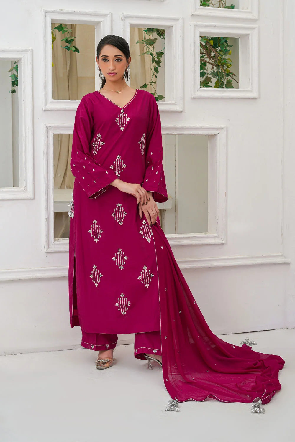 Stone embellished 3-piece Pakistani suit with straight-cut Russian Crepe kurta, Malai lining, straight Russian Crepe trousers and chiffon dupatta