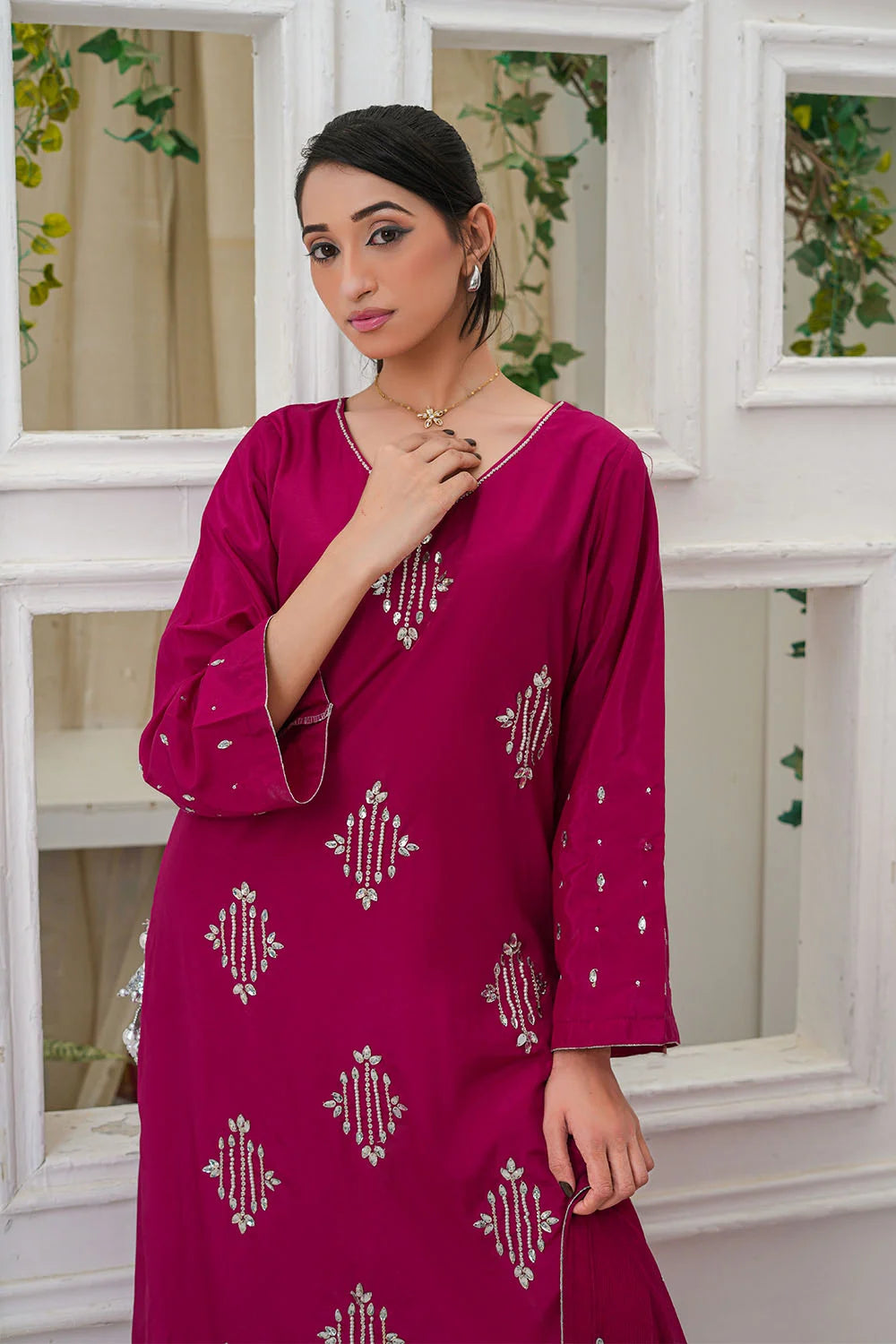 Stone embellished 3-piece Pakistani suit with straight-cut Russian Crepe kurta, Malai lining, straight Russian Crepe trousers and chiffon dupatta
