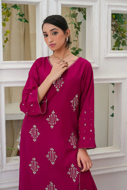 Stone embellished 3-piece Pakistani suit with straight-cut Russian Crepe kurta, Malai lining, straight Russian Crepe trousers and chiffon dupatta