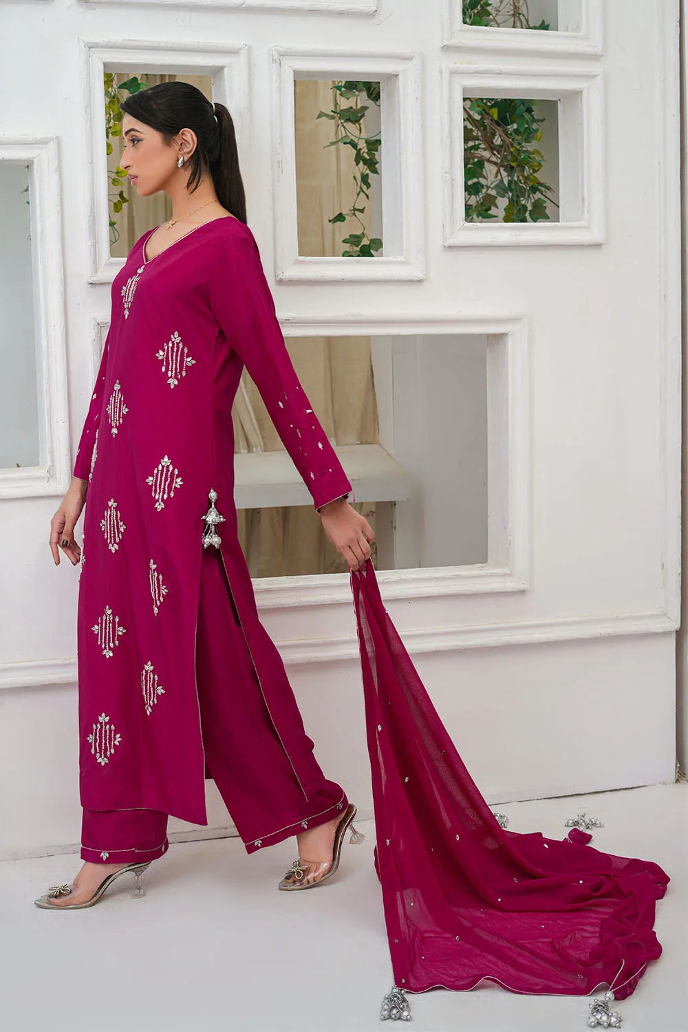 Stone embellished 3-piece Pakistani suit with straight-cut Russian Crepe kurta, Malai lining, straight Russian Crepe trousers and chiffon dupatta