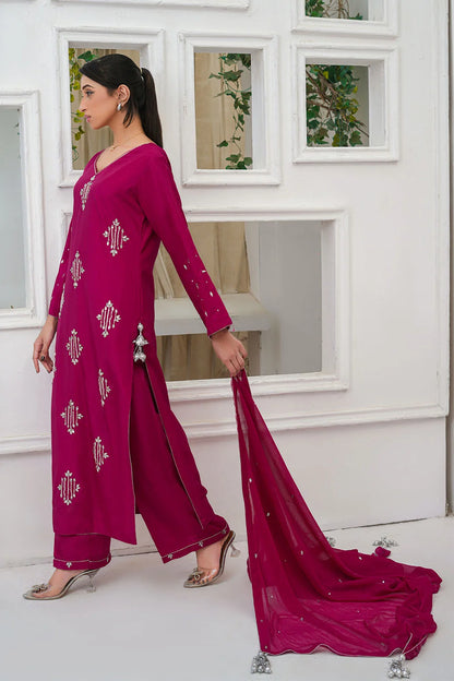 Stone embellished 3-piece Pakistani suit with straight-cut Russian Crepe kurta, Malai lining, straight Russian Crepe trousers and chiffon dupatta