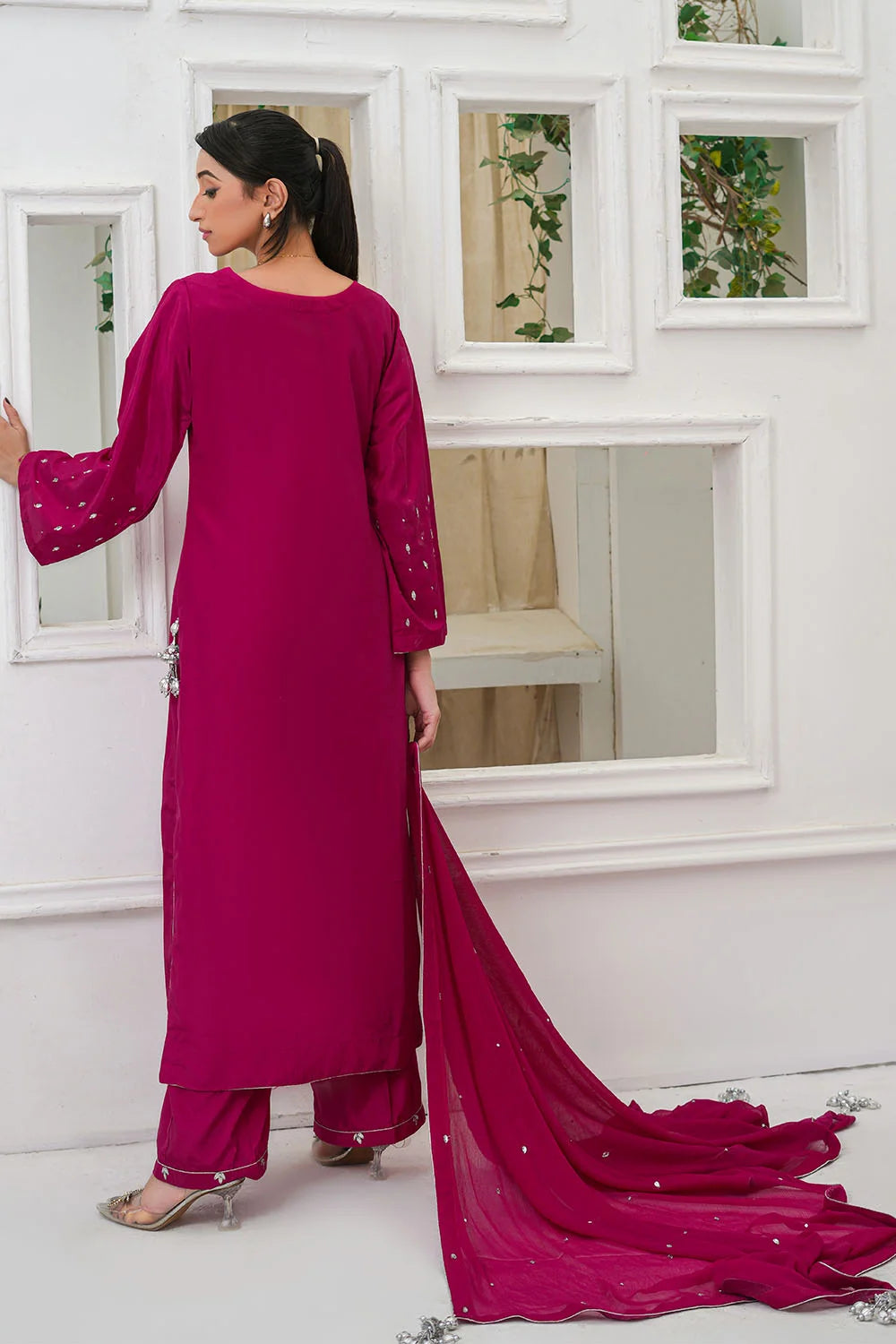 Stone embellished 3-piece Pakistani suit with straight-cut Russian Crepe kurta, Malai lining, straight Russian Crepe trousers and chiffon dupatta