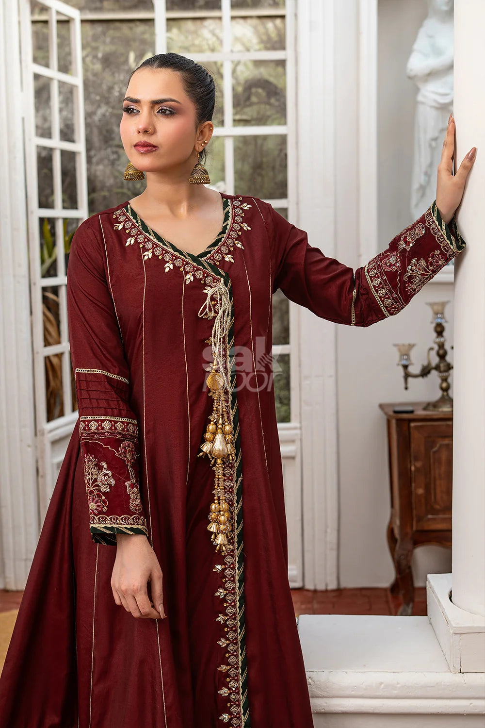 Maroon embroidered 3-piece Pakistani suit featuring a Shamus silk Angrakha frock with full Malai lining, matching Shamus silk palazzo trousers, and a self-Khaddi dupatta