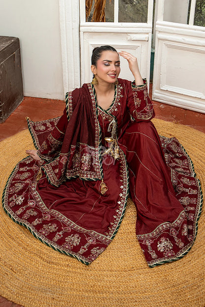 Maroon embroidered 3-piece Pakistani suit featuring a Shamus silk Angrakha frock with full Malai lining, matching Shamus silk palazzo trousers, and a self-Khaddi dupatta