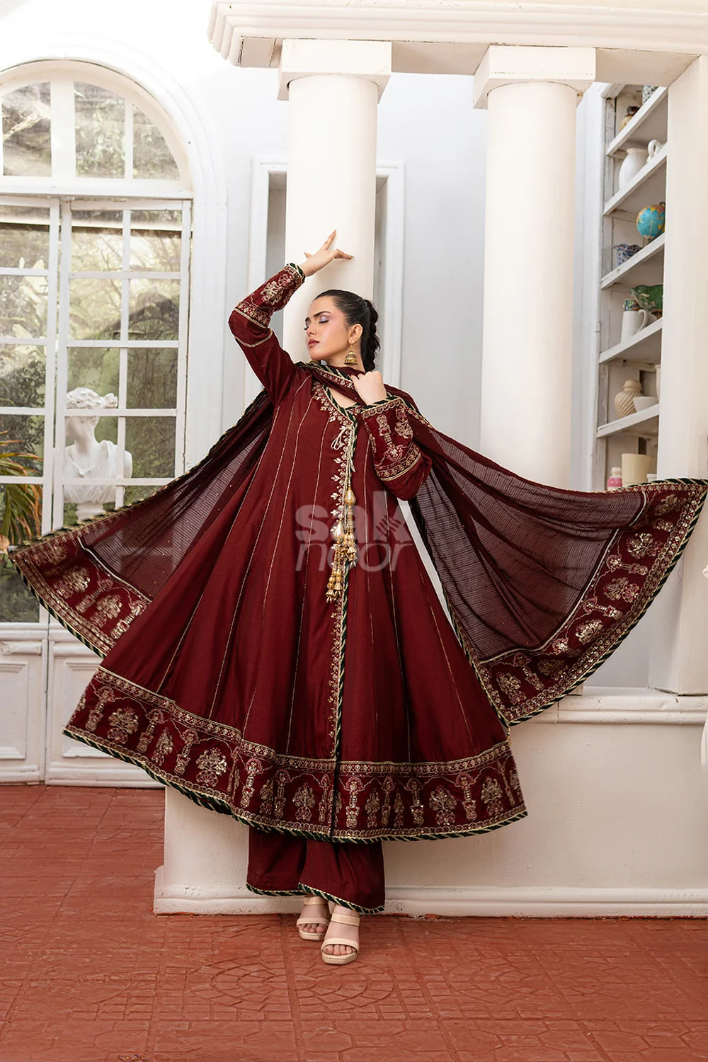 Maroon embroidered 3-piece Pakistani suit featuring a Shamus silk Angrakha frock with full Malai lining, matching Shamus silk palazzo trousers, and a self-Khaddi dupatta