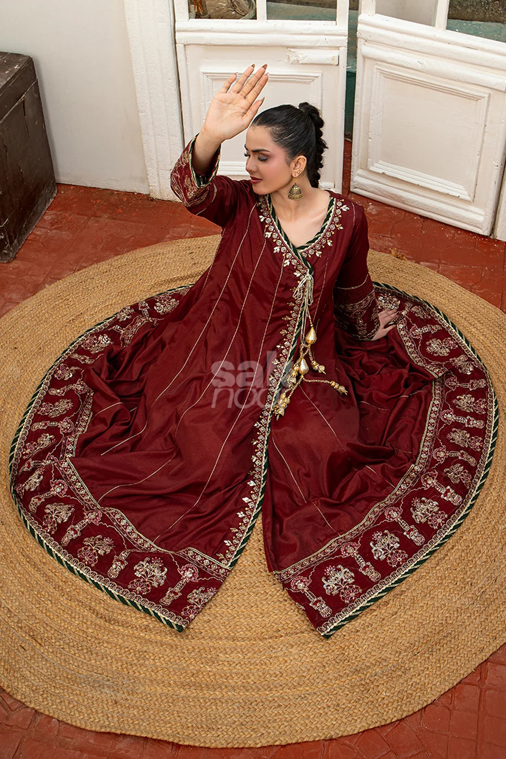 Maroon embroidered 3-piece Pakistani suit featuring a Shamus silk Angrakha frock with full Malai lining, matching Shamus silk palazzo trousers, and a self-Khaddi dupatta