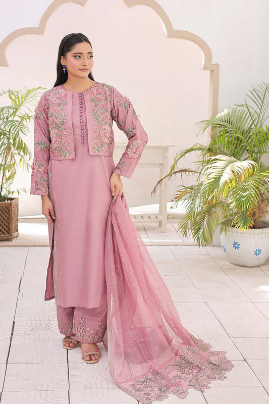 Mauve embroidered 4-piece Pakistani suit featuring a Russian silk shirt, embroidered Russian silk koti, matching shalwar, and Khaddi Net dupatta