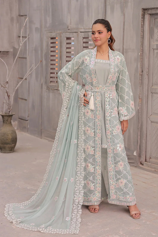 Mint embroidered 4-piece Pakistani suit featuring a long chiffon shrug with a waist-tier design, medium-length silk shirt with a square embroidered neckline, silk palazzo trousers with embroidered bottoms, and an embroidered chiffon dupatta.