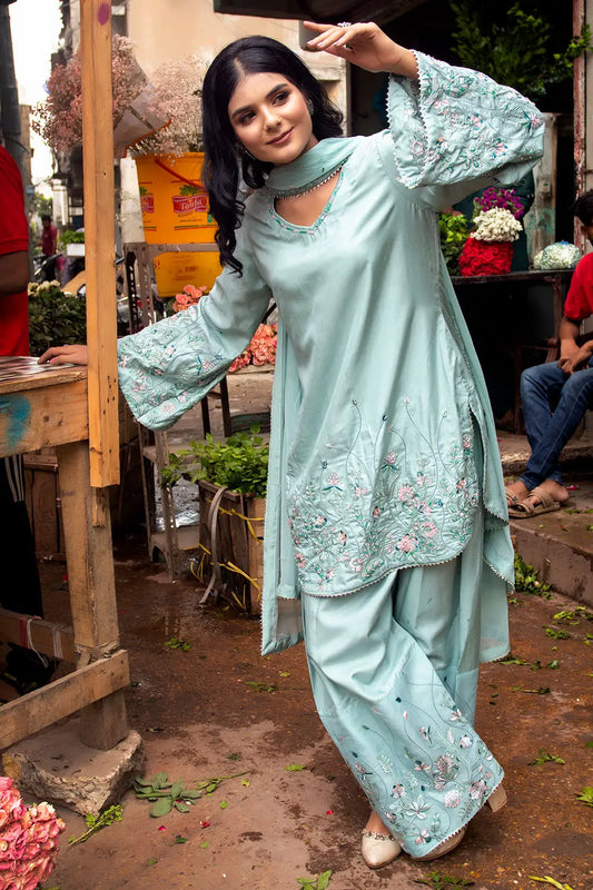 Mint embroidered 3-piece Pakistani suit with short Russian silk kurta, Malai lining, Russian silk shalwar and organza dupatta