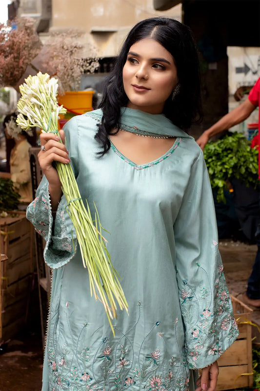 Mint Embroidered Russian Silk Short Kurta Suit