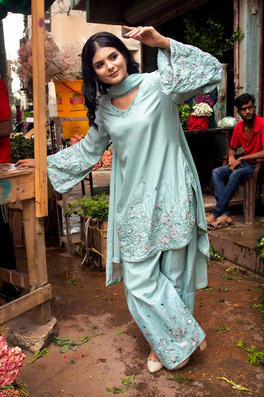 Mint Embroidered Russian Silk Short Kurta Suit