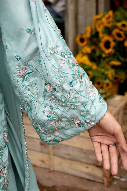 Mint Embroidered Russian Silk Short Kurta Suit