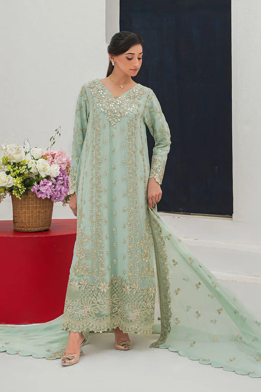 Embroidered 3-piece Pakistani suit in mint and onion pink with a straight-cut chiffon kurta, Malai lining, straight Grip trousers and chiffon dupatta