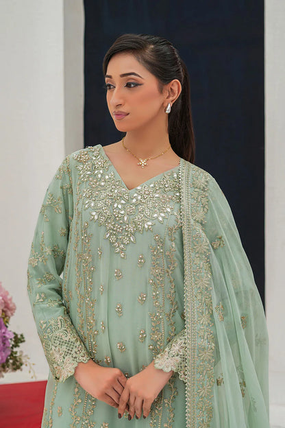 Embroidered 3-piece Pakistani suit in mint and onion pink with a straight-cut chiffon kurta, Malai lining, straight Grip trousers and chiffon dupatta